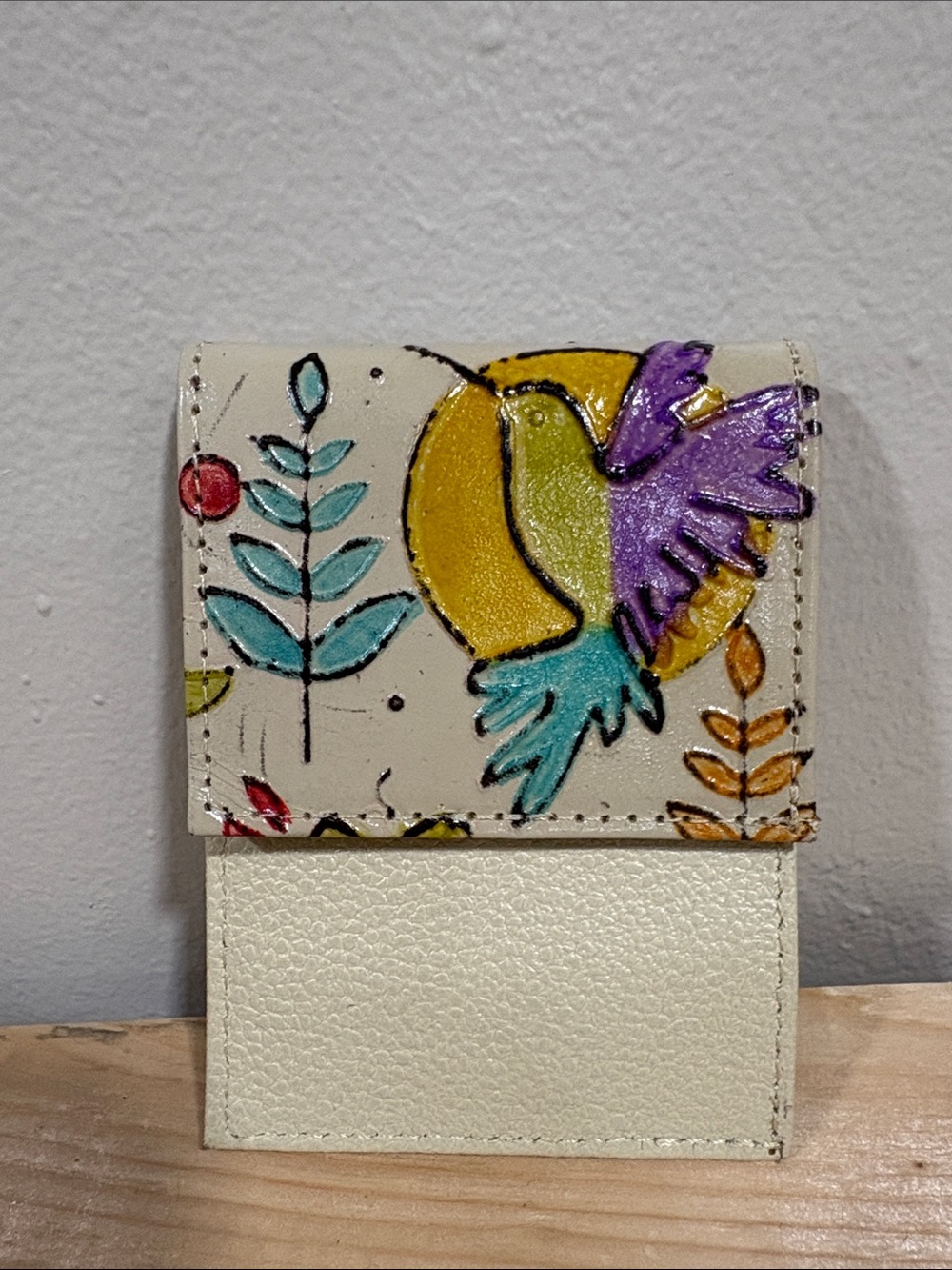 Hand-Painted Bird Pattern Leather Card Wallet - Multicolor